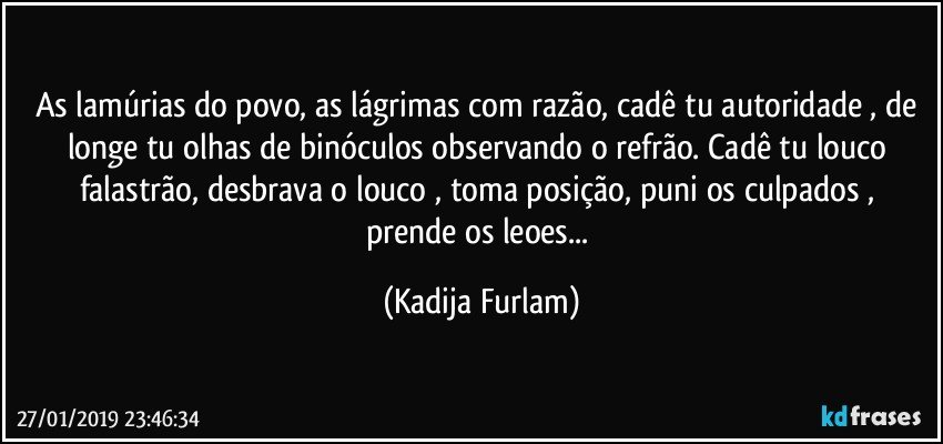 As lamúrias do povo, as lágrimas com razão, cadê  tu autoridade , de longe tu  olhas de binóculos  observando  o refrão. Cadê  tu louco  falastrão, desbrava o louco , toma posição, puni os culpados  , prende os leoes... (Kadija Furlam)