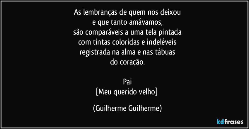 As lembranças de quem nos deixou
e que tanto amávamos,
são comparáveis a uma tela pintada
com tintas coloridas e indeléveis
registrada na alma e nas tábuas
do coração.

Pai
[Meu querido velho] (Guilherme Guilherme)