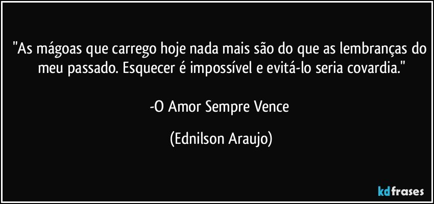 "As mágoas que carrego hoje nada mais são do que as lembranças do meu passado. Esquecer é impossível e evitá-lo seria covardia."

-O Amor Sempre Vence (Ednilson Araujo)