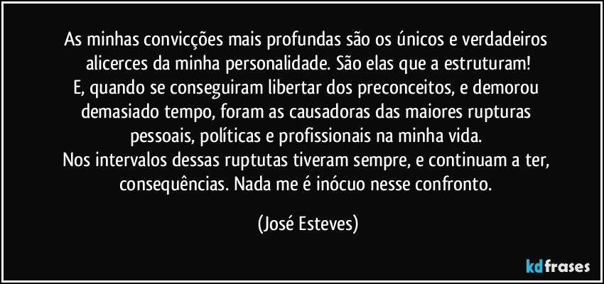 As minhas convicções mais profundas são os únicos e verdadeiros alicerces da minha personalidade. São elas que a estruturam!
E, quando se conseguiram libertar dos preconceitos, e demorou demasiado tempo, foram as causadoras das maiores rupturas pessoais, políticas e profissionais na minha vida. 
Nos intervalos dessas ruptutas tiveram sempre, e continuam a ter, consequências. Nada me é inócuo nesse confronto. (José Esteves)