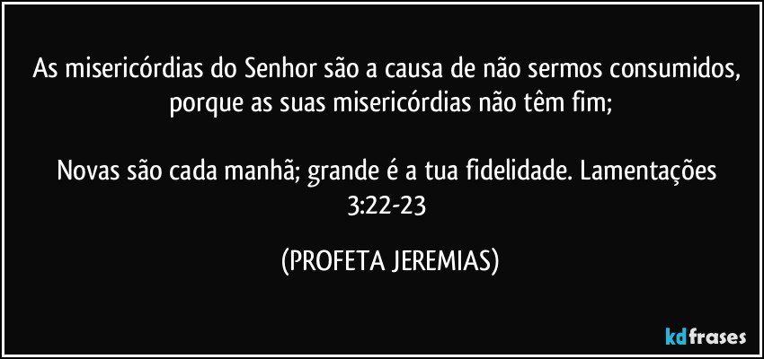 As misericórdias do Senhor são a causa de não sermos consumidos, porque as suas misericórdias não têm fim;

Novas são cada manhã; grande é a tua fidelidade. Lamentações 3:22-23 (PROFETA JEREMIAS)