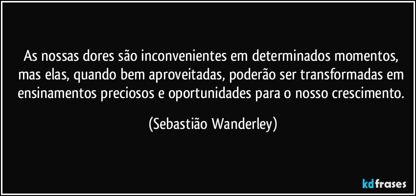 As nossas dores são inconvenientes em determinados momentos, mas elas, quando bem aproveitadas, poderão ser transformadas em ensinamentos preciosos e oportunidades para o nosso crescimento. (Sebastião Wanderley)