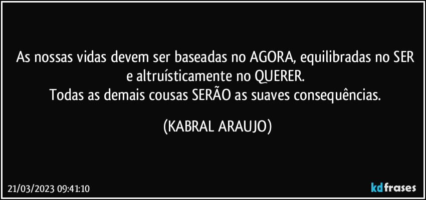 As nossas vidas devem ser baseadas no AGORA, equilibradas no SER e altruísticamente no QUERER. 
Todas as demais cousas SERÃO as suaves consequências. (KABRAL ARAUJO)