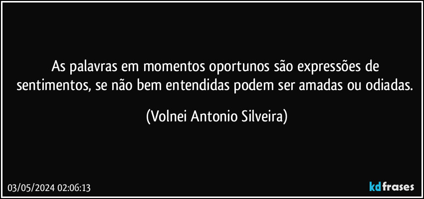 As palavras em momentos oportunos são expressões de sentimentos, se não bem entendidas podem ser amadas ou odiadas. (Volnei Antonio Silveira)