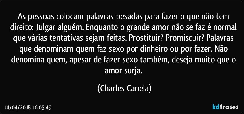 As pessoas colocam palavras pesadas para fazer o que não tem direito: Julgar alguém. Enquanto o grande amor não se faz é normal que várias tentativas sejam feitas. Prostituir? Promiscuir? Palavras que denominam quem faz sexo por dinheiro ou por fazer. Não denomina quem, apesar de fazer sexo também, deseja muito que o amor surja. (Charles Canela)