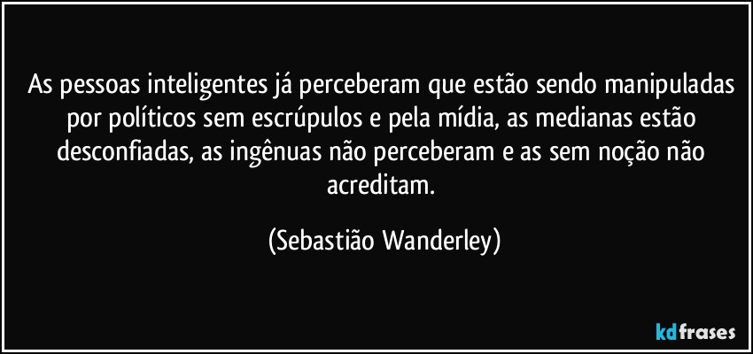 As pessoas inteligentes já perceberam que estão sendo manipuladas por políticos sem escrúpulos e pela mídia, as medianas estão desconfiadas, as ingênuas não perceberam e as sem noção não acreditam. (Sebastião Wanderley)