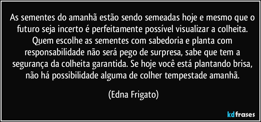 As sementes do amanhã estão sendo semeadas hoje e mesmo que o futuro seja incerto é perfeitamente possível visualizar a colheita. Quem escolhe as sementes com sabedoria e planta com responsabilidade não será pego de surpresa, sabe que tem a segurança da colheita garantida. Se hoje você está plantando brisa, não há possibilidade alguma de colher tempestade amanhã. (Edna Frigato)