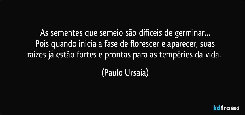 As sementes que semeio são difíceis de germinar...
Pois quando inicia a fase de florescer e aparecer, suas
raízes já estão fortes e prontas para as tempéries da vida. (Paulo Ursaia)