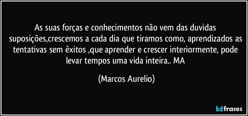 As suas forças e conhecimentos não vem das duvidas suposições,crescemos a cada dia que tiramos como, aprendizados as tentativas sem êxitos ,que aprender e crescer interiormente, pode levar tempos uma vida inteira.. MA (Marcos Aurelio)