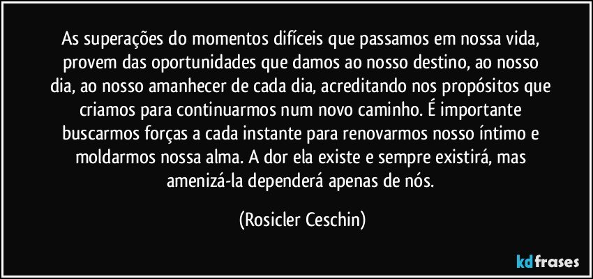 As superações do momentos difíceis que passamos em nossa vida, provem das oportunidades que damos ao nosso destino, ao nosso dia, ao nosso amanhecer de cada dia, acreditando nos propósitos que criamos para continuarmos num novo caminho. É importante buscarmos forças a cada instante para renovarmos nosso íntimo e moldarmos nossa alma. A dor ela existe e sempre existirá, mas amenizá-la dependerá apenas de nós. (Rosicler Ceschin)