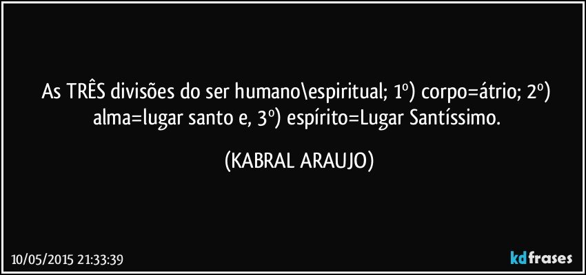 As TRÊS divisões do ser humano\espiritual;  1º) corpo=átrio;  2º) alma=lugar santo e, 3º) espírito=Lugar Santíssimo. (KABRAL ARAUJO)