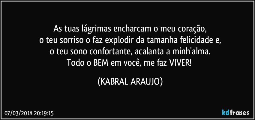 As tuas lágrimas encharcam o meu coração,
o teu sorriso o faz explodir da tamanha felicidade e,
o teu sono confortante, acalanta a minh'alma.
Todo o BEM em você, me faz VIVER! (KABRAL ARAUJO)