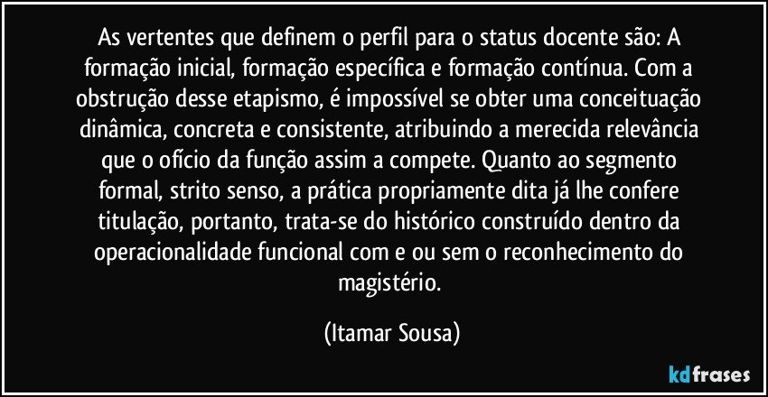 As vertentes que definem o perfil para o status docente são: A formação inicial, formação específica e formação contínua. Com a obstrução desse etapismo, é impossível se obter uma conceituação dinâmica, concreta e consistente, atribuindo a merecida relevância que  o ofício da função assim a compete. Quanto ao segmento formal, strito senso, a prática propriamente dita já lhe confere titulação, portanto, trata-se do histórico construído dentro da operacionalidade funcional com e/ou sem o reconhecimento do magistério. (Itamar Sousa)