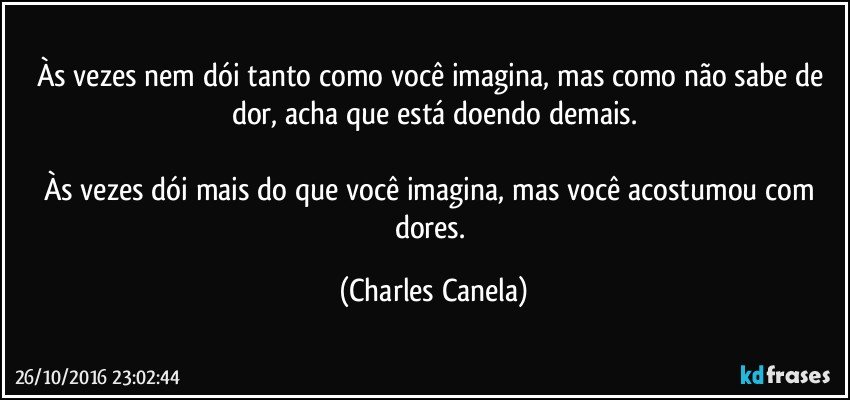 Às vezes nem dói tanto como você imagina, mas como não sabe de dor, acha que está doendo demais.

Às vezes dói mais do que você imagina, mas você acostumou com dores. (Charles Canela)