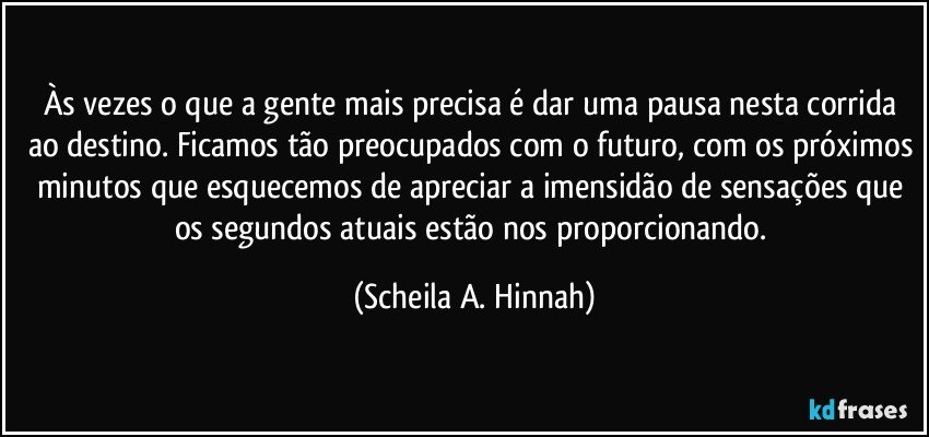 Às vezes o que a gente mais precisa é dar uma pausa nesta corrida ao destino. Ficamos tão preocupados com o futuro, com os próximos minutos que esquecemos de apreciar a imensidão de sensações que os segundos atuais estão nos proporcionando. (Scheila A. Hinnah)