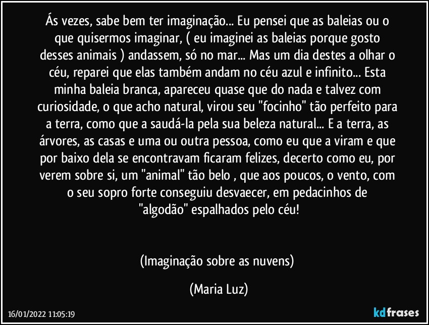 Ás vezes, sabe bem ter imaginação... Eu pensei que as baleias ou o que quisermos imaginar, ( eu imaginei as baleias porque gosto desses animais ) andassem, só no mar... Mas um dia destes a olhar o céu, reparei que elas também andam no céu azul e infinito...  Esta minha baleia branca,  apareceu quase que do nada e  talvez com curiosidade, o que acho natural, virou seu "focinho" tão perfeito para a terra, como que a saudá-la pela sua beleza natural... E a terra, as árvores, as casas e uma ou outra pessoa, como eu que a viram e que por baixo dela se encontravam ficaram felizes, decerto como eu, por verem  sobre si, um "animal" tão belo , que aos poucos, o vento, com o seu sopro forte  conseguiu  desvaecer, em pedacinhos  de "algodão"  espalhados pelo céu!


(Imaginação sobre as nuvens) (Maria Luz)