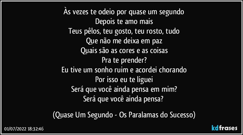 Às vezes te odeio por quase um segundo
Depois te amo mais
Teus pêlos, teu gosto, teu rosto, tudo
Que não me deixa em paz
Quais são as cores e as coisas
Pra te prender?
Eu tive um sonho ruim e acordei chorando
Por isso eu te liguei
Será que você ainda pensa em mim?
Será que você ainda pensa? (Quase Um Segundo - Os Paralamas do Sucesso)