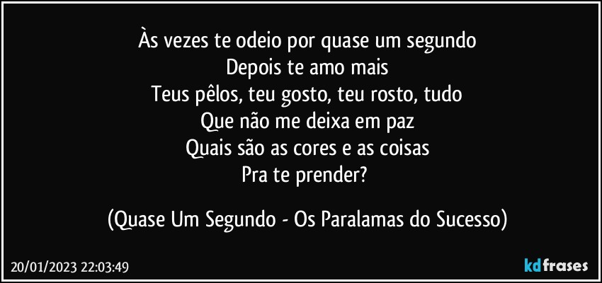 Às vezes te odeio por quase um segundo
Depois te amo mais
Teus pêlos, teu gosto, teu rosto, tudo
Que não me deixa em paz
Quais são as cores e as coisas
Pra te prender? (Quase Um Segundo - Os Paralamas do Sucesso)