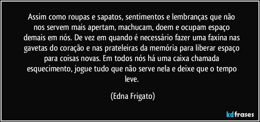 Assim como roupas e sapatos, sentimentos e lembranças que não nos servem mais apertam, machucam, doem e ocupam espaço demais em nós. De vez em quando é necessário fazer uma faxina nas gavetas do coração e nas prateleiras da memória para liberar espaço para coisas novas. Em todos nós há uma caixa chamada esquecimento, jogue tudo que não serve nela e deixe que o tempo leve. (Edna Frigato)