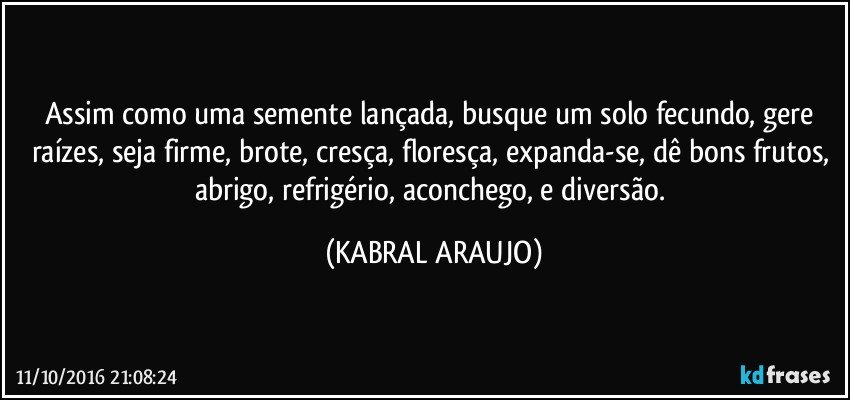 Assim como uma semente lançada, busque um solo fecundo, gere raízes, seja firme, brote, cresça, floresça, expanda-se, dê bons frutos, abrigo, refrigério, aconchego, e diversão. (KABRAL ARAUJO)