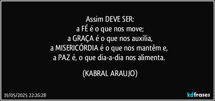 Assim DEVE SER:
a FÉ é o que nos move;
a GRAÇA é o que nos auxilia,
a MISERICÓRDIA é o que nos mantêm e, 
a PAZ é, o que dia-a-dia nos alimenta. (KABRAL ARAUJO)