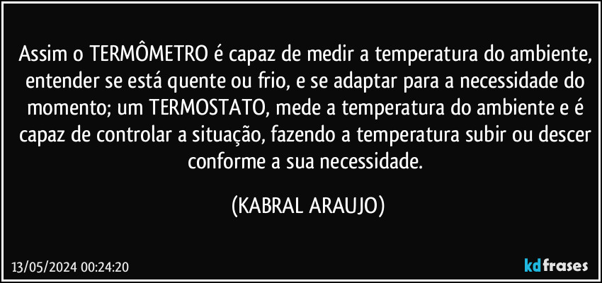 Assim o TERMÔMETRO é capaz de medir a temperatura do ambiente, entender se está quente ou frio, e se adaptar para a necessidade do momento; um TERMOSTATO, mede a temperatura do ambiente e é capaz de controlar a situação, fazendo a temperatura subir ou descer conforme a sua necessidade. (KABRAL ARAUJO)