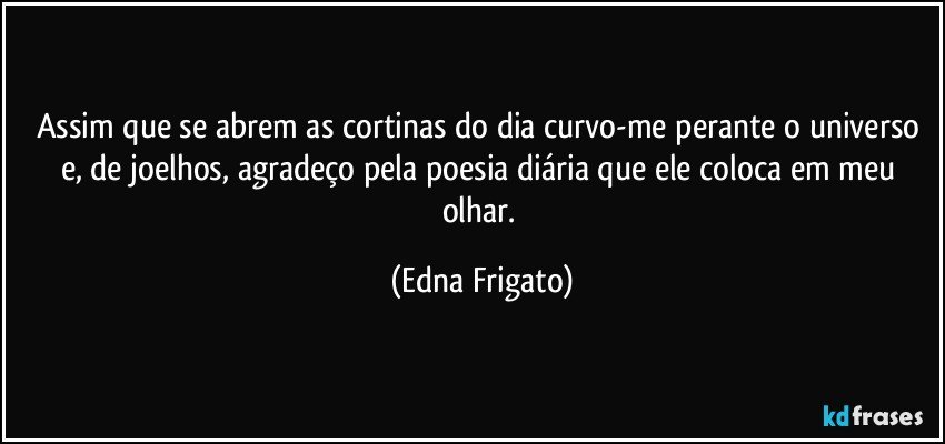 Assim que se abrem as cortinas do dia curvo-me perante o universo e, de joelhos, agradeço pela poesia diária que ele coloca em meu olhar. (Edna Frigato)