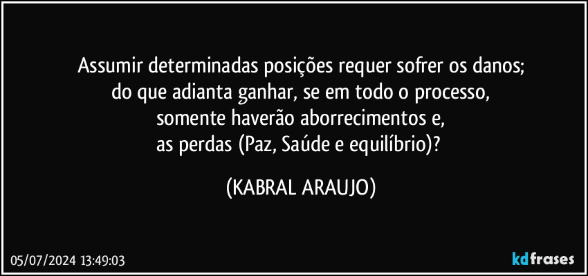 Assumir determinadas posições requer sofrer os danos;
do que adianta ganhar, se em todo o processo,
somente haverão aborrecimentos e,
as perdas (Paz, Saúde e equilíbrio)? (KABRAL ARAUJO)