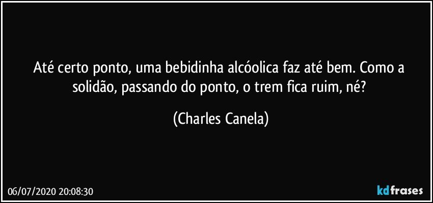 Até certo ponto, uma bebidinha alcóolica faz até bem. Como a solidão, passando do ponto, o trem fica ruim, né? (Charles Canela)