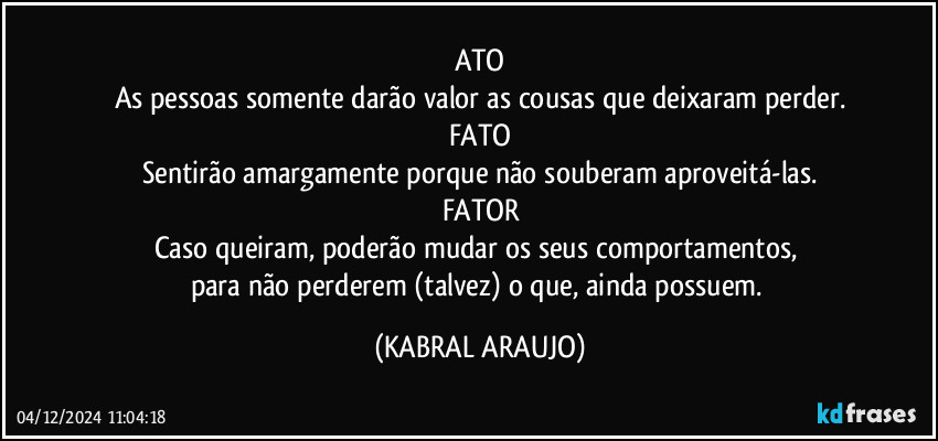 ATO
As pessoas somente darão valor as cousas que deixaram perder.
FATO
Sentirão amargamente porque não souberam aproveitá-las.
FATOR
Caso queiram, poderão mudar os seus comportamentos, 
para não perderem (talvez) o que, ainda possuem. (KABRAL ARAUJO)