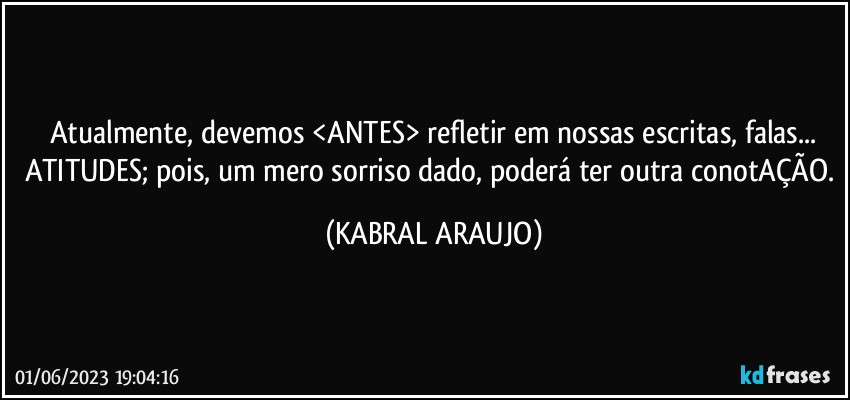 Atualmente, devemos <ANTES> refletir em nossas escritas, falas...
ATITUDES; pois, um mero sorriso dado, poderá ter outra conotAÇÃO. (KABRAL ARAUJO)