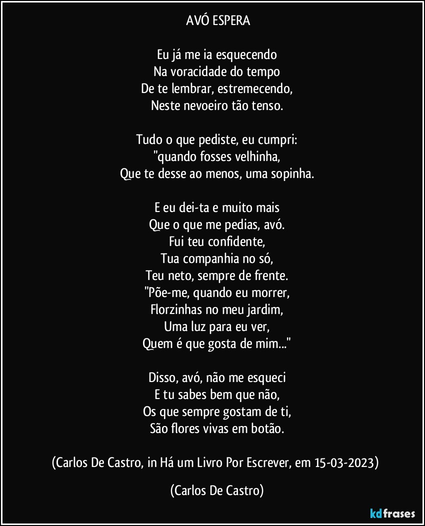 ⁠AVÓ ESPERA

Eu já me ia esquecendo
Na voracidade do tempo
De te lembrar, estremecendo,
Neste nevoeiro tão tenso.

Tudo o que pediste, eu cumpri:
"quando fosses velhinha,
Que te desse ao menos, uma sopinha.

E eu dei-ta e muito mais
Que o que me pedias, avó.
Fui teu confidente,
Tua companhia no só,
Teu neto, sempre de frente.
"Põe-me, quando eu morrer,
Florzinhas no meu jardim,
Uma luz para eu ver,
Quem é que gosta de mim..."

Disso, avó, não me esqueci
E tu sabes bem que não,
Os que sempre gostam de ti,
São flores vivas em botão.

(Carlos De Castro, in Há um Livro Por Escrever, em 15-03-2023) (Carlos De Castro)