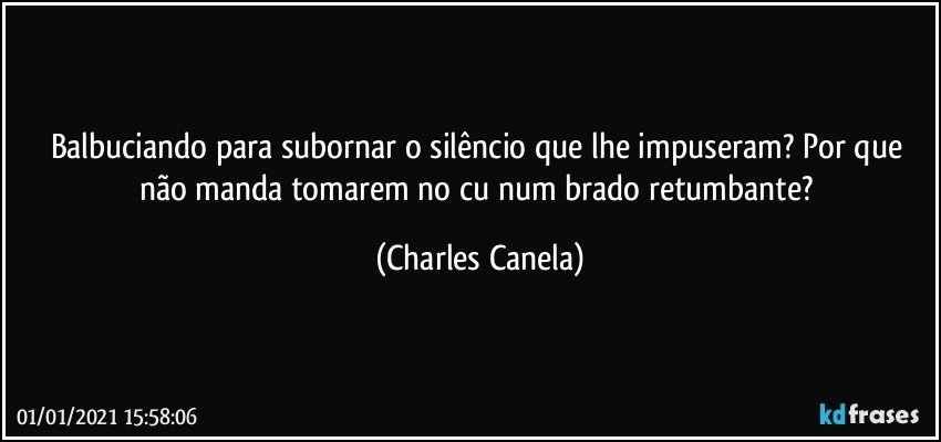 Balbuciando para subornar o silêncio que lhe impuseram? Por que não manda tomarem no cu num brado retumbante? (Charles Canela)