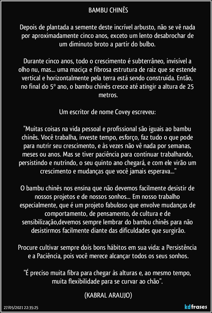 BAMBU CHINÊS

Depois de plantada a semente deste incrível arbusto, não se vê nada por aproximadamente cinco anos, exceto um lento desabrochar de um diminuto broto a partir do bulbo. 

Durante cinco anos, todo o crescimento é subterrâneo, invisível a olho nu, mas... uma maciça e fibrosa estrutura de raiz que se estende vertical e horizontalmente pela terra está sendo construída. Então, no final do 5º ano, o bambu chinês cresce até atingir a altura de 25 metros.

Um escritor de nome Covey escreveu: 

"Muitas coisas na vida pessoal e profissional são iguais ao bambu chinês. Você trabalha, investe tempo, esforço, faz tudo o que pode para nutrir seu crescimento, e às vezes não vê nada por semanas, meses ou anos. Mas se tiver paciência para continuar trabalhando, persistindo e nutrindo, o seu quinto ano chegará, e com ele virão um crescimento e mudanças que você jamais esperava..."

O bambu chinês nos ensina que não devemos facilmente desistir de nossos projetos e de nossos sonhos... Em nosso trabalho especialmente, que é um projeto fabuloso que envolve mudanças de comportamento, de pensamento, de cultura e de sensibilização,devemos sempre lembrar do bambu chinês para não desistirmos facilmente diante das dificuldades que surgirão.

Procure cultivar sempre dois bons hábitos em sua vida: a Persistência e a Paciência, pois você merece alcançar todos os seus sonhos.

"É preciso muita fibra para chegar às alturas e, ao mesmo tempo, muita flexibilidade para se curvar ao chão". (KABRAL ARAUJO)