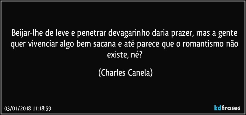 Beijar-lhe de leve e penetrar devagarinho daria prazer, mas a gente quer vivenciar algo bem sacana e até parece que o romantismo não existe, né? (Charles Canela)