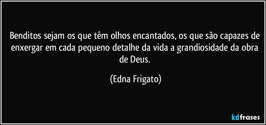 Benditos sejam os que têm olhos encantados, os que  são capazes de enxergar em cada pequeno detalhe da vida a grandiosidade da obra de Deus. (Edna Frigato)