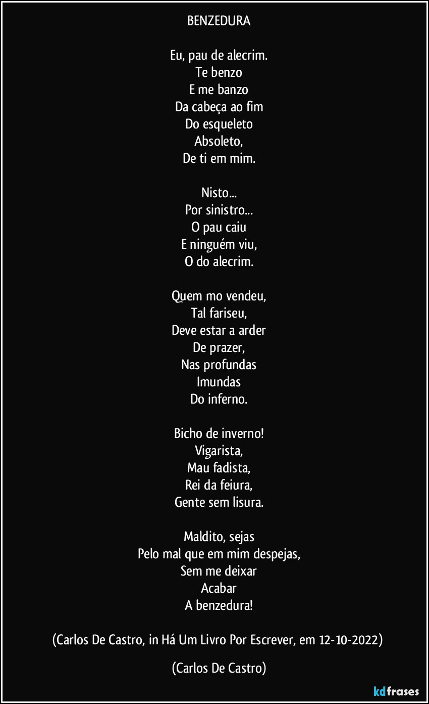 BENZEDURA

Eu, pau de alecrim.
Te benzo
E me banzo
Da cabeça ao fim
Do esqueleto
Absoleto,
De ti em mim.

Nisto...
Por sinistro...
O pau caiu
E ninguém viu,
O do alecrim.

Quem mo vendeu,
Tal fariseu,
Deve estar a arder
De prazer,
Nas profundas
Imundas
Do inferno.

Bicho de inverno!
Vigarista,
Mau fadista,
Rei da feiura,
Gente sem lisura.

Maldito, sejas
Pelo mal que em mim despejas,
Sem me deixar
Acabar
A benzedura!

(Carlos De Castro, in Há Um Livro Por Escrever, em 12-10-2022) (Carlos De Castro)