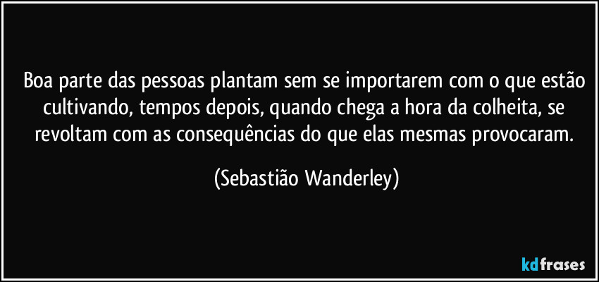 Boa parte das pessoas plantam sem se importarem com o que estão cultivando, tempos depois, quando chega a hora da colheita, se revoltam com as consequências do que elas mesmas provocaram. (Sebastião Wanderley)