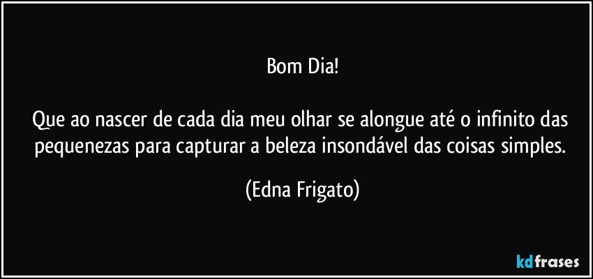 Bom Dia!

Que ao nascer de cada dia meu olhar se alongue até o infinito das pequenezas para capturar a beleza insondável das coisas simples. (Edna Frigato)