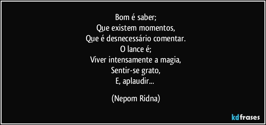 Bom é saber;
Que existem momentos,
Que é desnecessário comentar.
O lance é;
Viver intensamente a magia,
Sentir-se grato,
E, aplaudir... (Nepom Ridna)