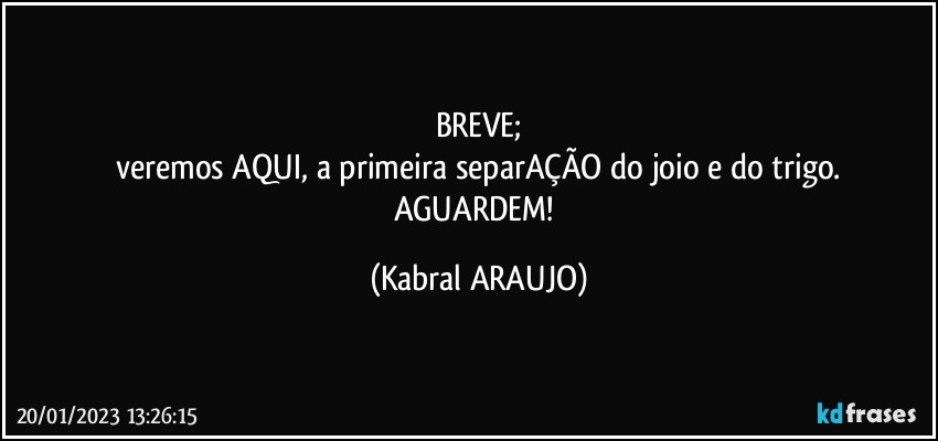 BREVE;
veremos AQUI, a primeira separAÇÃO do joio e do trigo.
AGUARDEM! (KABRAL ARAUJO)