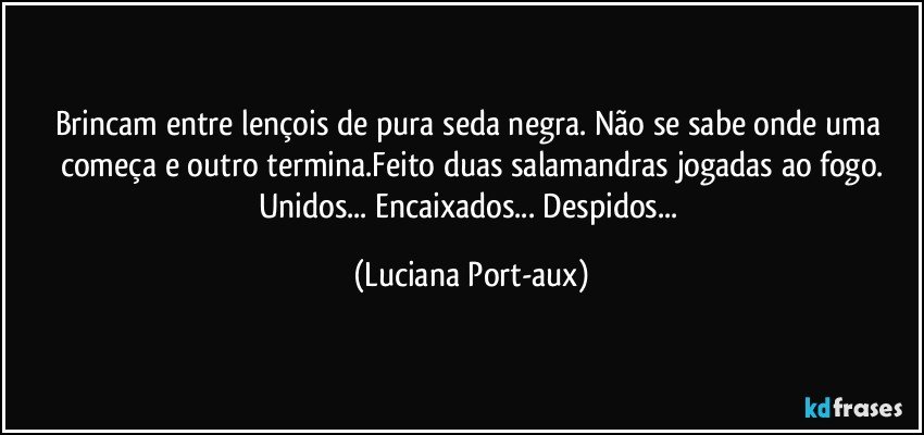 Brincam entre lençois de pura seda negra. Não se sabe onde uma começa e outro termina.Feito duas salamandras jogadas ao fogo.
Unidos... Encaixados... Despidos... (Luciana Port-aux)