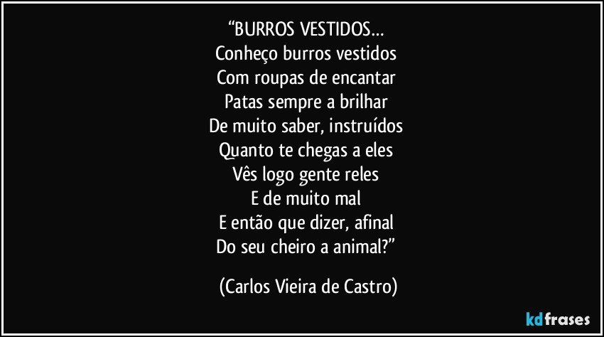 “BURROS VESTIDOS… 
Conheço burros vestidos 
Com roupas de encantar 
Patas sempre a brilhar 
De muito saber, instruídos 
Quanto te chegas a eles 
Vês logo gente reles 
E de muito mal 
E então que dizer, afinal 
Do seu cheiro a animal?” (Carlos Vieira de Castro)