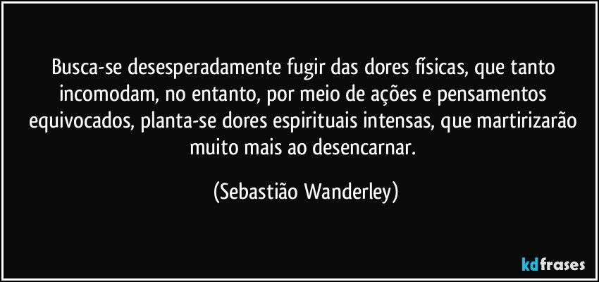 Busca-se desesperadamente fugir das dores físicas, que tanto incomodam, no entanto, por meio de ações e pensamentos equivocados, planta-se dores espirituais intensas, que martirizarão muito mais ao desencarnar. (Sebastião Wanderley)