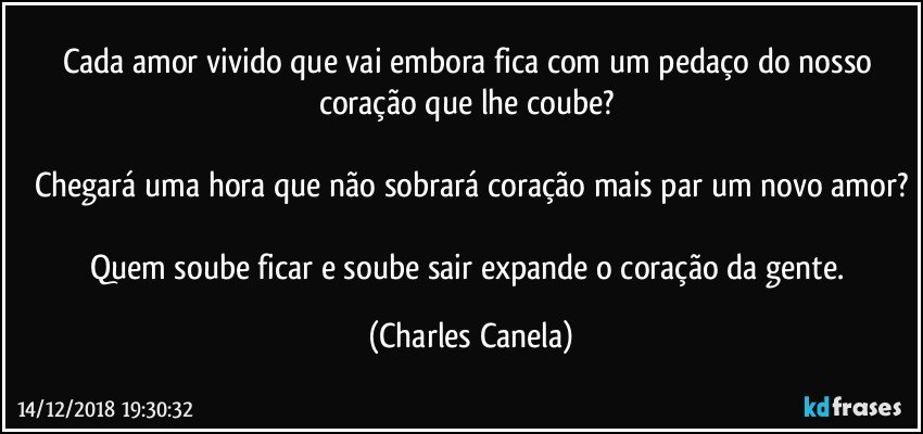 Cada amor vivido que vai embora fica com um pedaço do nosso coração que lhe coube? 

Chegará uma hora que não sobrará coração mais par um novo amor?

Quem soube ficar e soube sair expande o coração da gente. (Charles Canela)