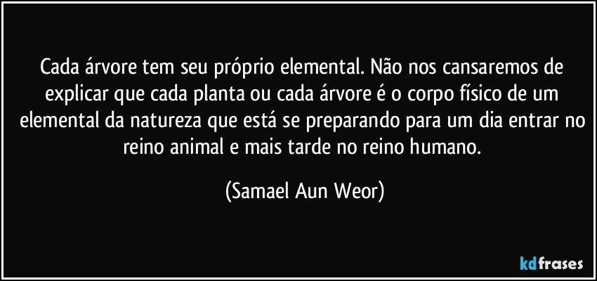 Cada árvore tem seu próprio elemental. Não nos cansaremos de explicar que cada planta ou cada árvore é o corpo físico de um elemental da natureza que está se preparando para um dia entrar no reino animal e mais tarde no reino humano. (Samael Aun Weor)