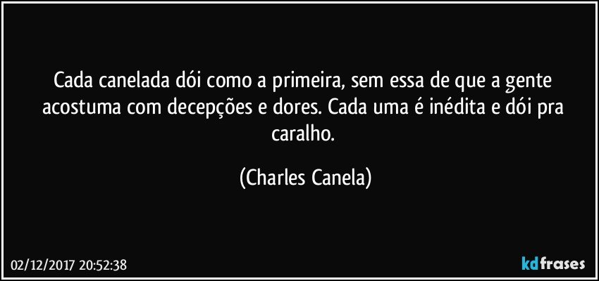 Cada canelada dói como a primeira, sem essa de que a gente acostuma com decepções e dores. Cada uma é inédita e dói pra caralho. (Charles Canela)