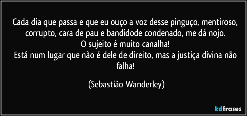 Cada dia que passa e que eu ouço a voz desse pinguço, mentiroso, corrupto, cara de pau e bandidode condenado, me dá nojo. 
O sujeito é muito canalha! 
Está num lugar que não é dele de direito, mas a justiça divina não falha! (Sebastião Wanderley)