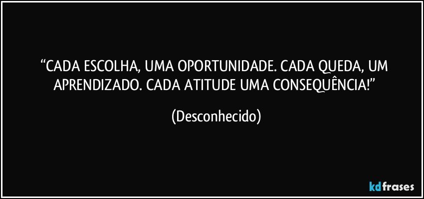 “CADA ESCOLHA, UMA OPORTUNIDADE. CADA QUEDA, UM APRENDIZADO. CADA ATITUDE UMA CONSEQUÊNCIA!” (Desconhecido)