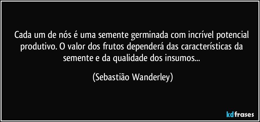 Cada um de nós é uma semente germinada com incrível potencial produtivo. O valor dos frutos dependerá das características da semente e da qualidade dos insumos... (Sebastião Wanderley)